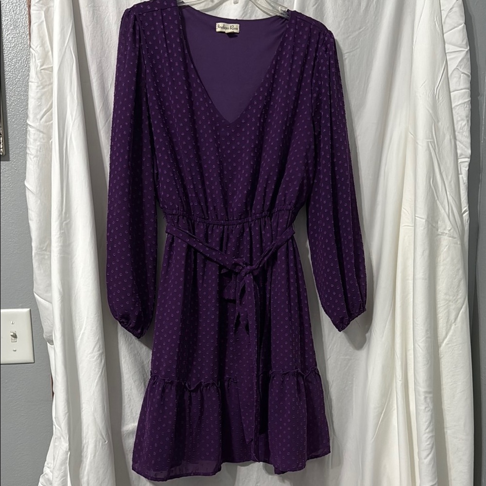 Indigo Blue Purple V-Neck Bishop Sleeve Cocktail Dress